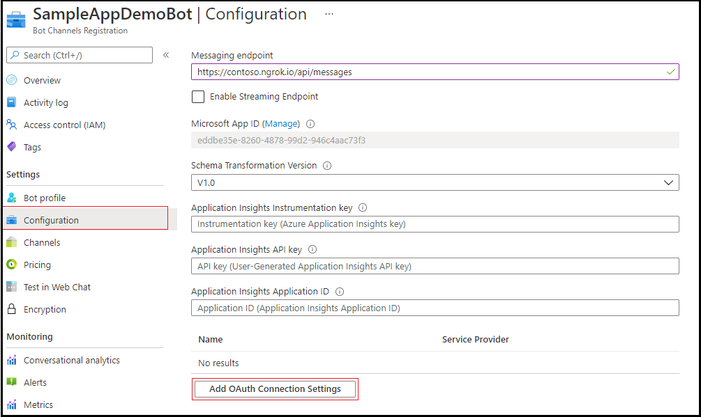 Configuración de SampleAppDemoBot