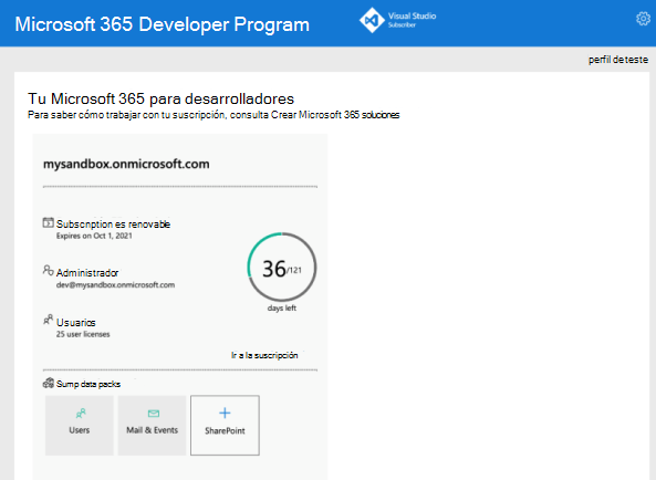 Captura de pantalla del Programa para desarrolladores de Microsoft 365 que muestra las suscripciones para desarrolladores de Microsoft 365 para la aplicación Blazor.