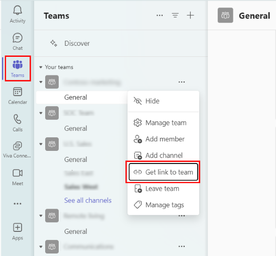 Captura de pantalla de Teams con el vínculo Obtener al equipo en el menú de desbordamiento resaltado en rojo.