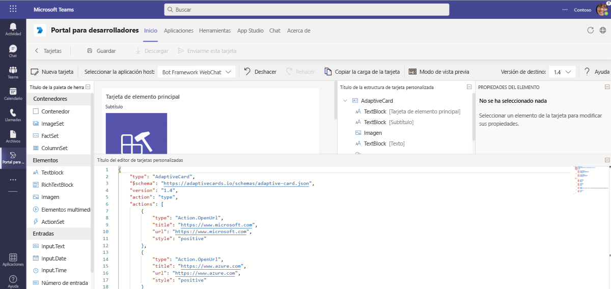 Captura de pantalla que muestra un ejemplo de las opciones de configuración de una tarjeta principal en el editor de tarjetas adaptables en el Portal para desarrolladores.