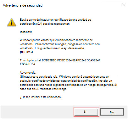 Captura de pantalla de advertencia de seguridad con la opción Sí resaltada en rojo.