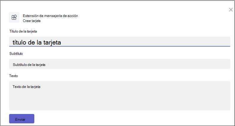 En la captura de pantalla se muestra el elemento emergente Crear modelo de tarjeta de la extensión de mensajería de acción.