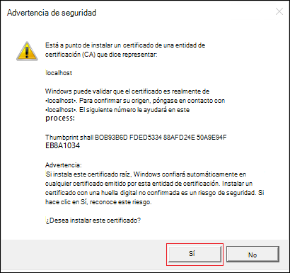 Captura de pantalla del cuadro de diálogo Advertencia de seguridad con la opción Sí resaltada en rojo.