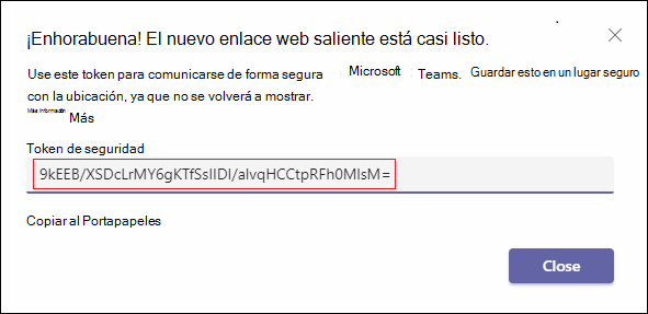 Captura de pantalla del webhook saliente que está listo con el token de seguridad resaltado en rojo.