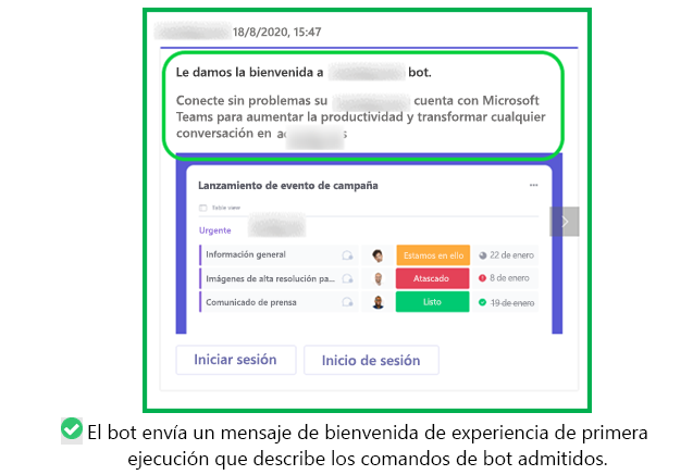 El gráfico muestra un ejemplo de bot que envía un mensaje de bienvenida cuando el bot tiene un flujo de trabajo de configuración complejo.