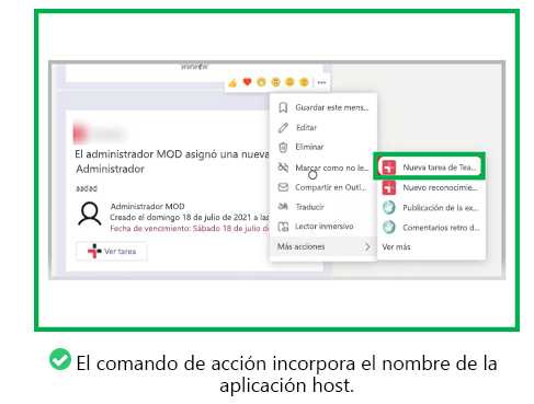 El gráfico muestra un ejemplo del nombre de la aplicación host para un comando de acción.