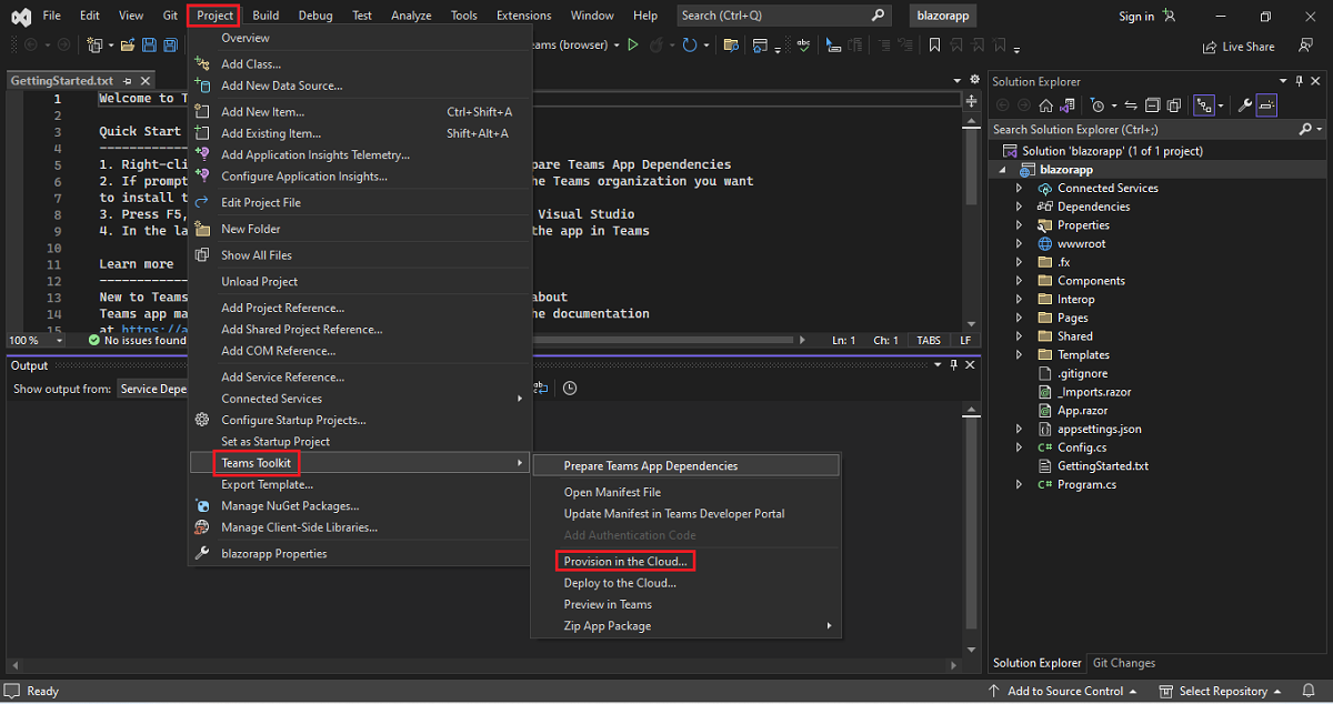 Captura de pantalla de Visual Studio con el proyecto, El kit de herramientas de Teams y Aprovisionar en la nube las opciones resaltadas en rojo.