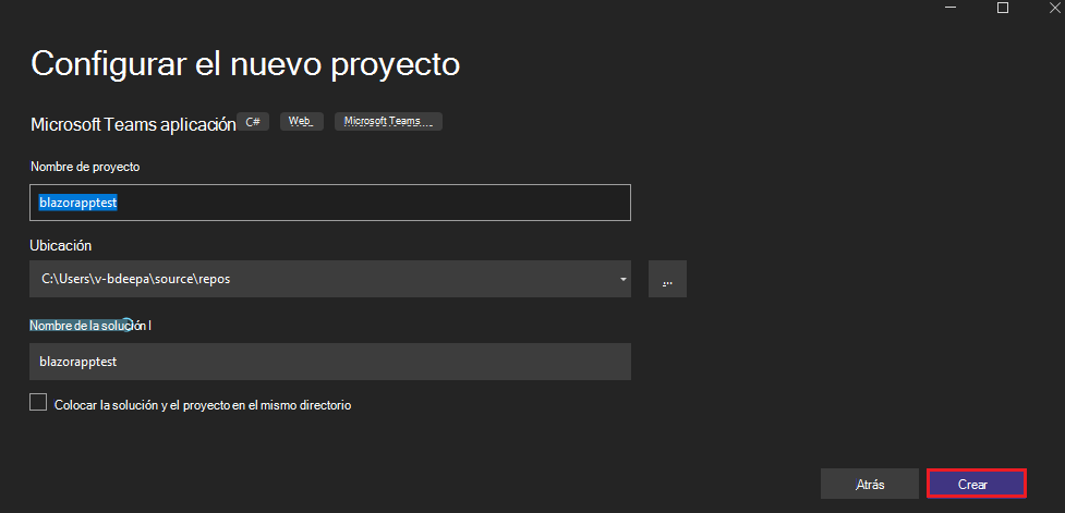 Captura de pantalla de Configurar el nuevo proyecto con la opción Crear resaltada en rojo.