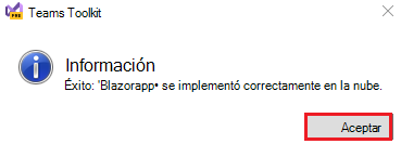 Captura de pantalla de la aplicación creada con el kit de herramientas de Teams con la opción Aceptar resaltada en rojo.