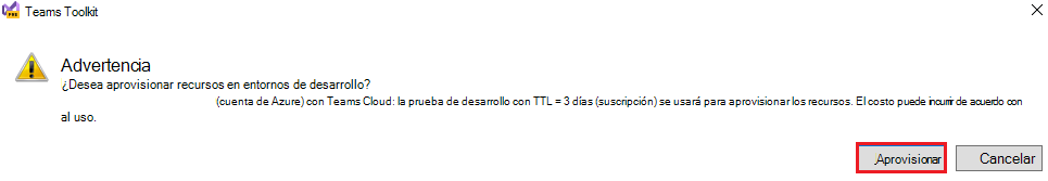 Captura de pantalla del kit de herramientas de Teams con el aprovisionamiento resaltado en rojo.