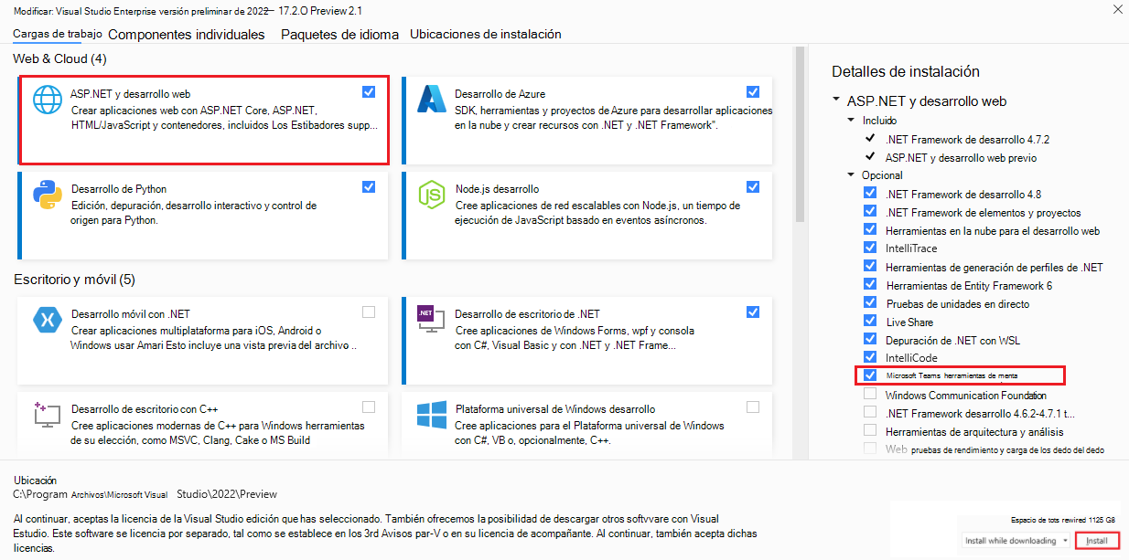 Captura de pantalla de Visual Studio Enterprise versión preliminar con la opción Asp.NET, desarrollo web y herramientas de desarrollo de Microsoft Teams en detalles de instalación e instalación resaltados en rojo.