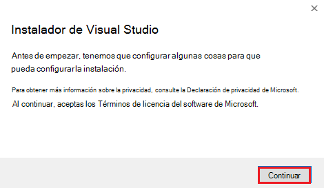 Captura de pantalla de Instalador Visual Studio con la opción Continuar resaltada en rojo.