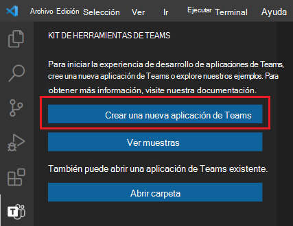 Ubicación del vínculo Crear nuevo proyecto en la barra lateral del Kit de herramientas de Teams.