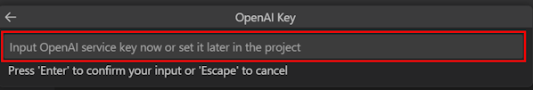 Captura de pantalla que muestra cómo escribir la clave de servicio openai en Visual Studio Code.