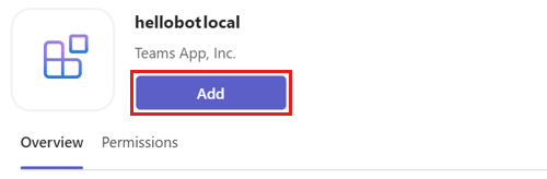 Captura de pantalla del cuadro de diálogo de detalles de la aplicación para agregar la aplicación bot a Teams.