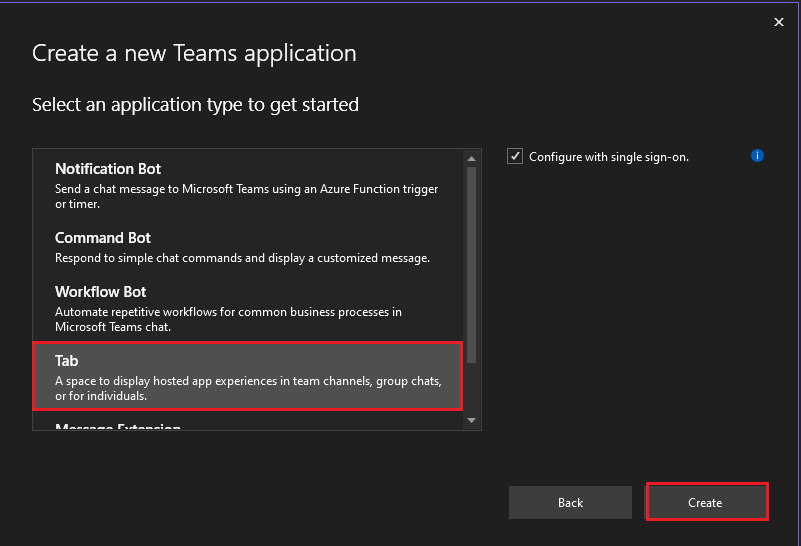 Captura de pantalla de Crear una nueva aplicación de Teams con las opciones Pestaña y Crear resaltadas en rojo.