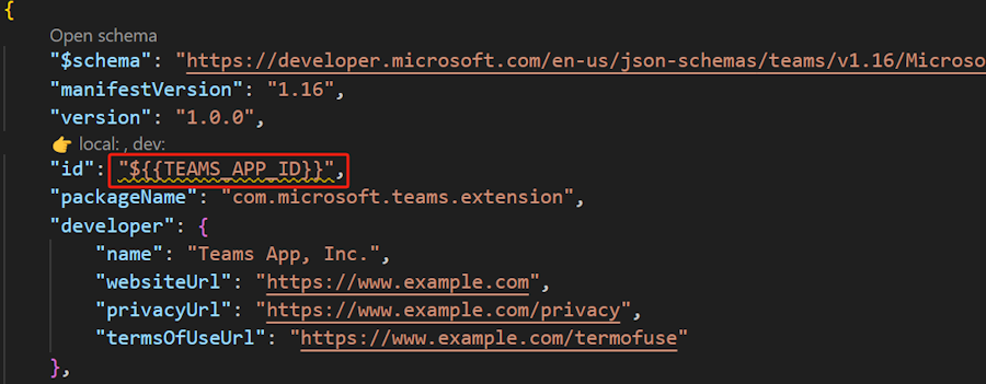 Captura de pantalla que muestra el identificador de aplicación de Teams en el archivo de manifiesto.