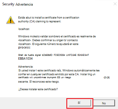 Captura de pantalla de advertencia de seguridad con la opción Sí resaltada en rojo.