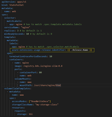 Captura de pantalla de una etiqueta de identificador de facturación con formato correcto en un archivo statefulsets.yaml. El contenido es similar al archivo statefulsets.yaml de ejemplo vinculado en este artículo.