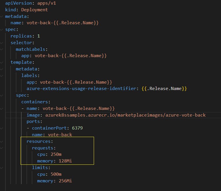 Captura de pantalla de las solicitudes de recursos de CPU en un archivo pods.yaml. El contenido es similar al archivo de modelo de facturación por núcleo vinculado en este artículo.