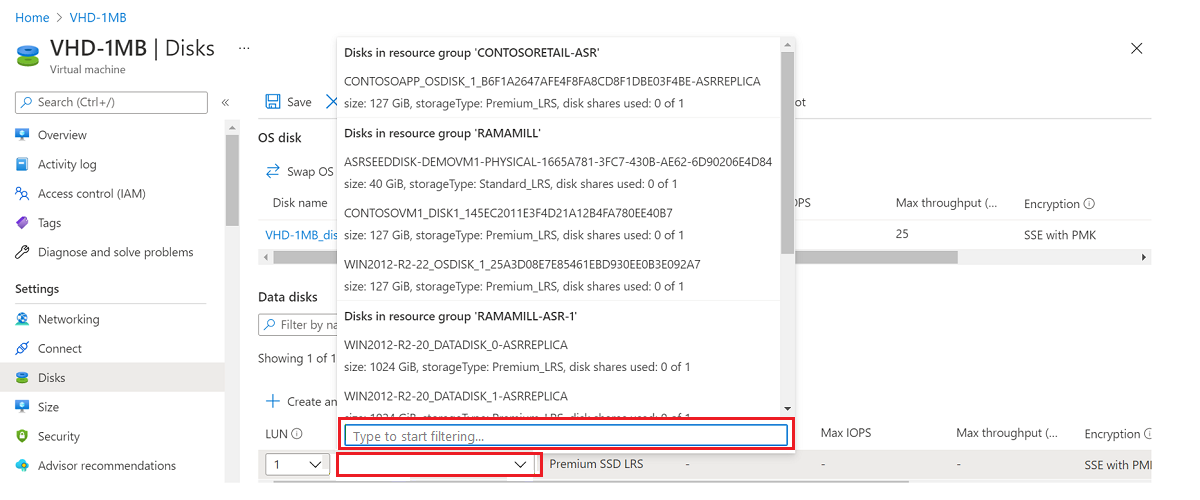 Captura de pantalla en la que se muestra cómo seleccionar el disco de datos de la