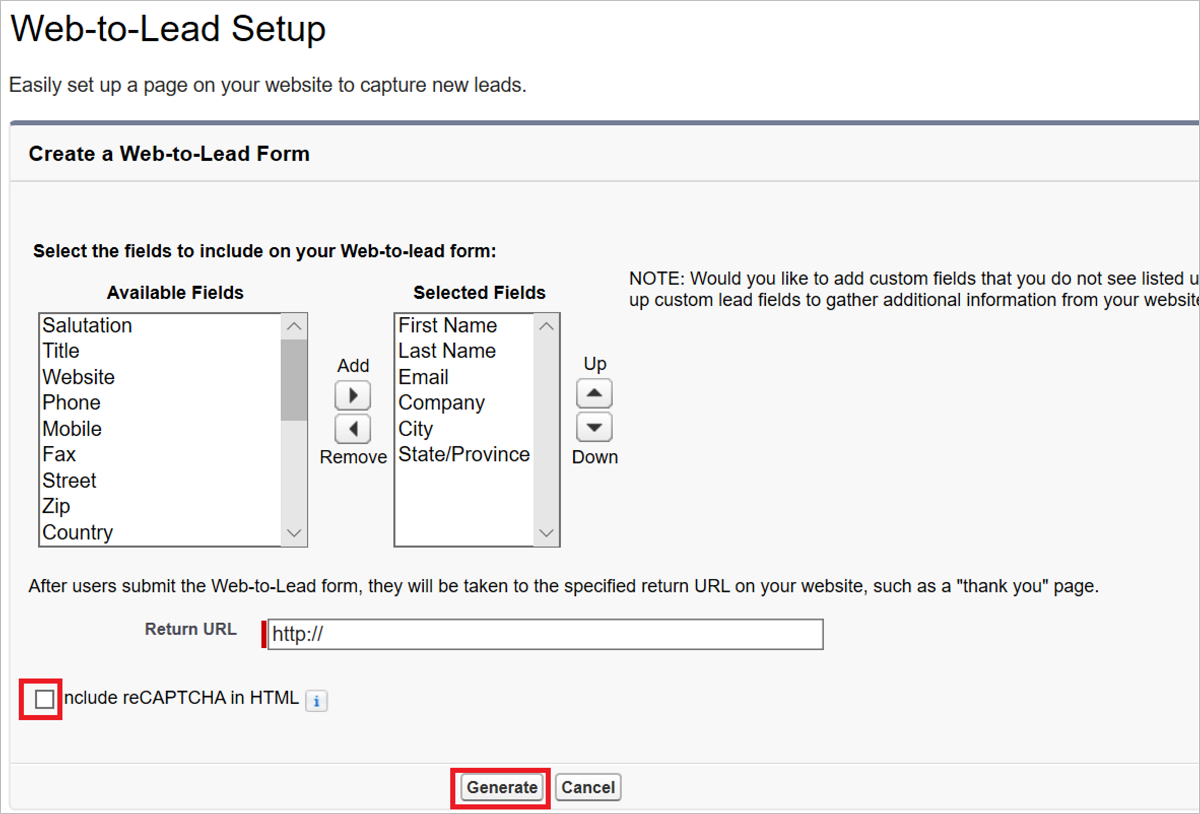 Panel Create a Web-to-Lead Form (Crear un formulario web para clientes potenciales) en Salesforce