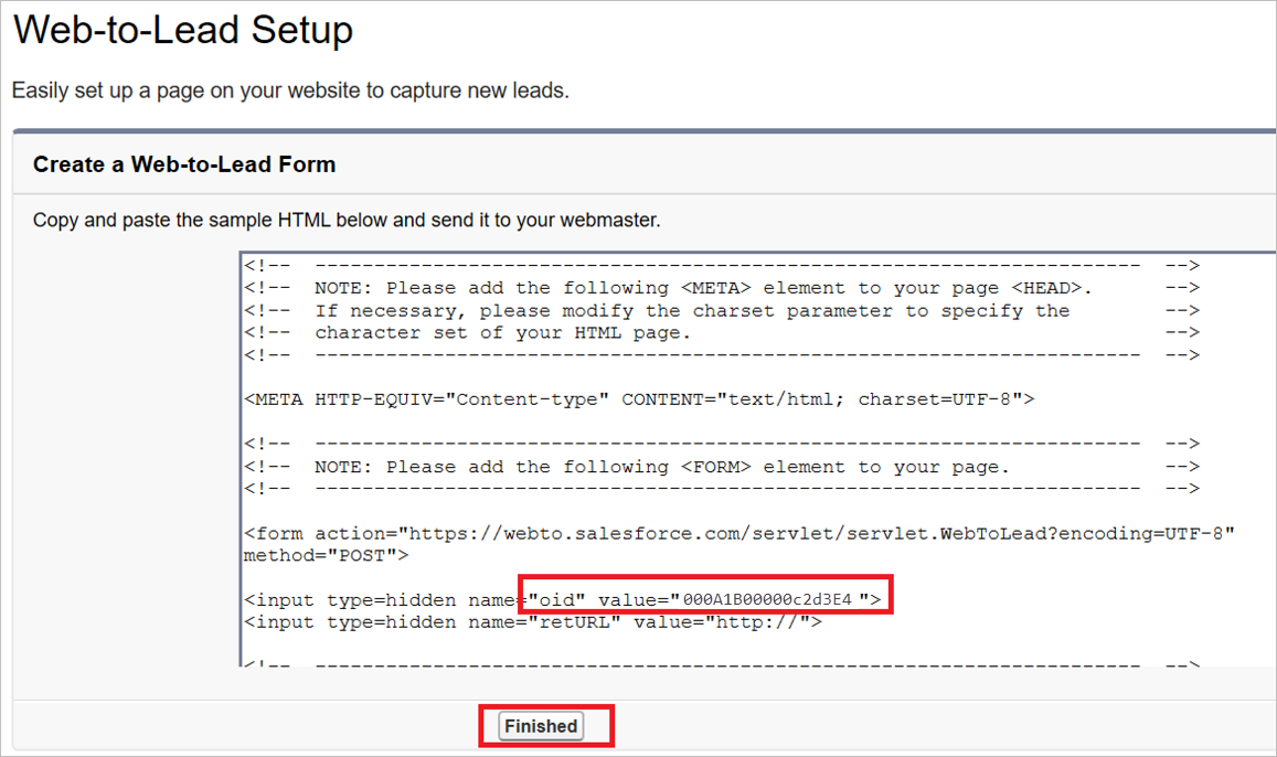 Salesforce Crea un formulario web a cliente potencial que muestra el valor oid HTML.