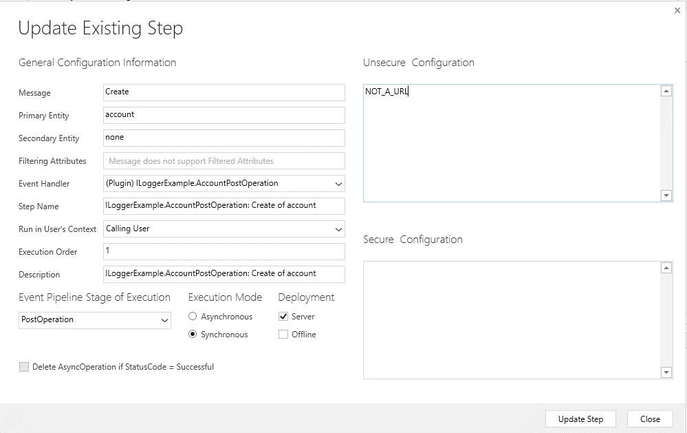 Causa un error al ingresar un valor de configuración no válido en el registro del paso del complemento.