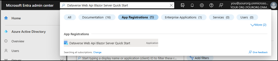 Busque el registro de la aplicación