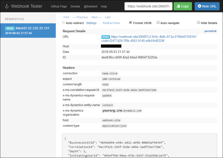 Un ejemplo de la solicitud registrada en el sitio web de WebHook Tester.