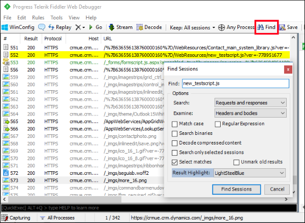 Encontrar una sesión en fiddler.