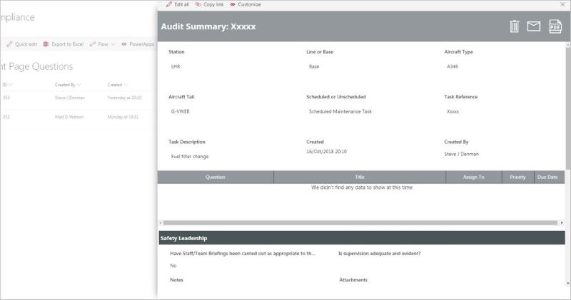 Vista del responsable de cumplimiento de ingeniería - Power Apps se ejecuta insertado en SharePoint