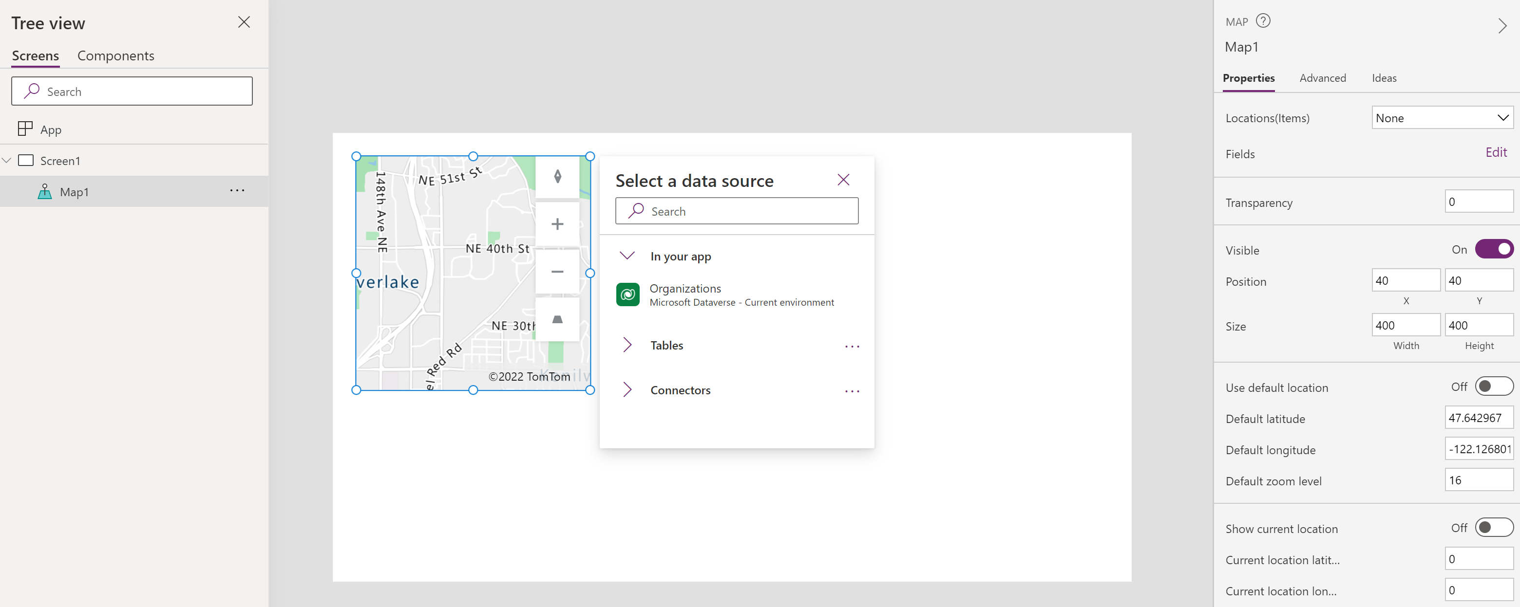 Una captura de pantalla de una aplicación de tableta en la que se está construyendo un control de mapa en Microsoft Power Apps Studio.