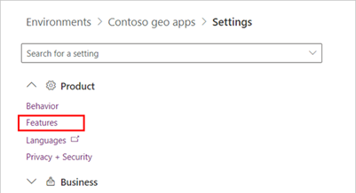 Captura de pantalla del centro de administración de Power Platform con la página Características del producto del entorno seleccionada.
