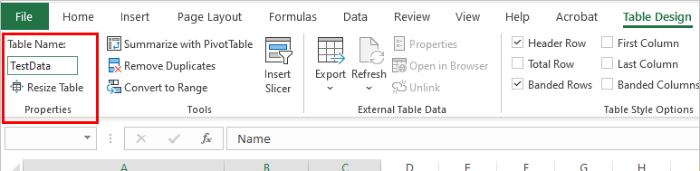 Captura de pantalla que resalta el nombre de la tabla en Excel.