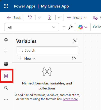 Captura de pantalla que muestra las colecciones de la aplicación que se encuentran en la sección Variables.