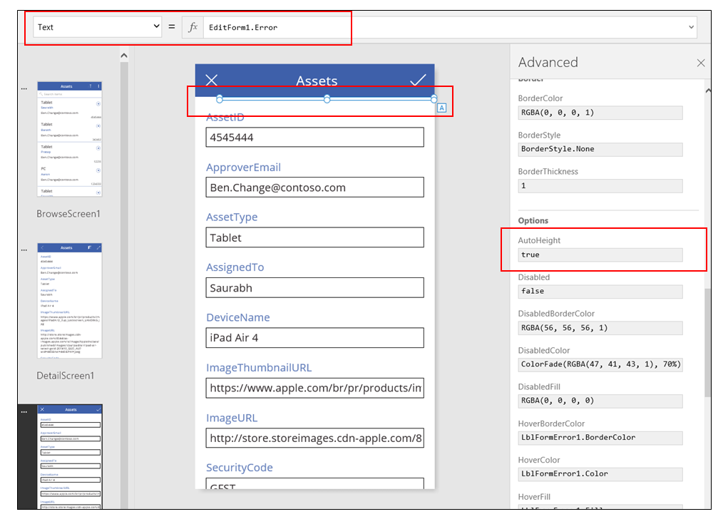 Editar formulario de aplicación desde datos con el control de texto de error seleccionado.