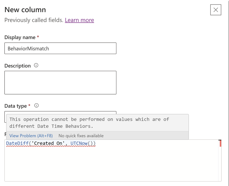 Configuración de fecha y hora no compatible con una columna de fórmula