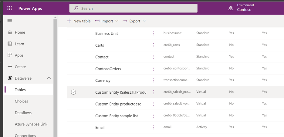 Maker portal con tabla virtual seleccionada