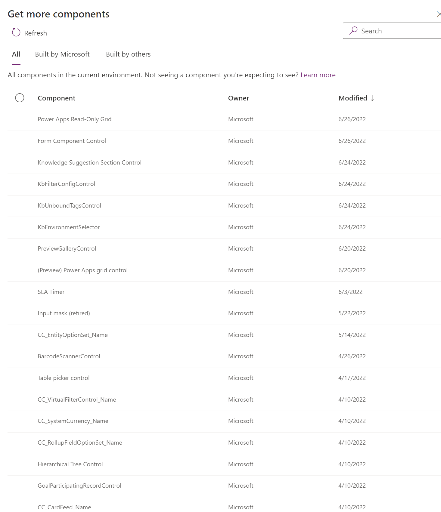 Componentes disponibles desde el vínculo Obtener más componentes