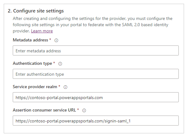 Configuración del sitio SAML 2.0.