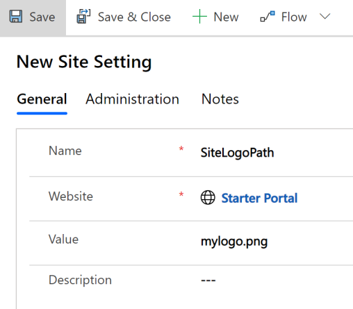 Crear nuevo registro de configuración del sitio.