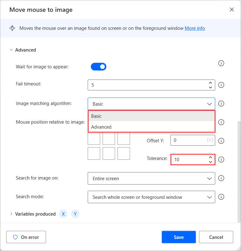 Captura de pantalla de la configuración avanzada de la acción Mover el ratón a la imagen.