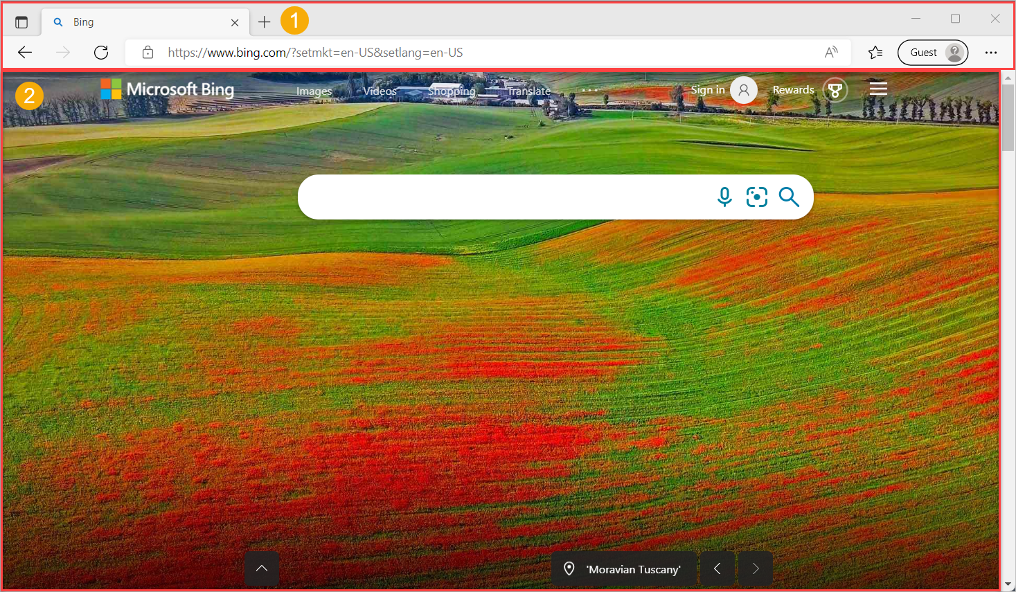 Captura de pantalla de una ventana de Microsoft Edge con las áreas de la aplicación del explorador y de la página web resaltadas.