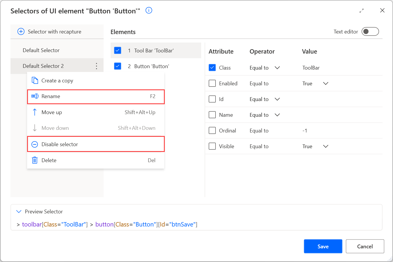 Captura de pantalla de las opciones Cambiar nombre y Eliminar para un selector.