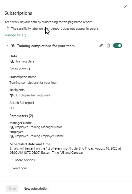 Captura de pantalla del servicio Power BI que muestra el panel Suscripciones.