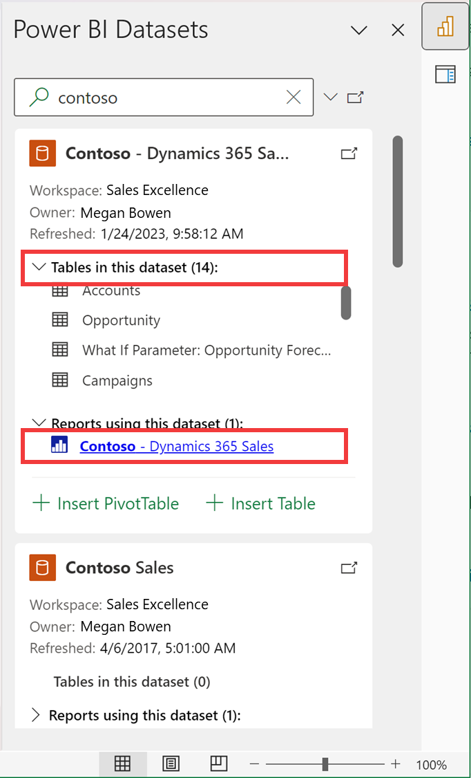 Captura de pantalla que muestra la lista del modelo semántico de Power BI en Excel.