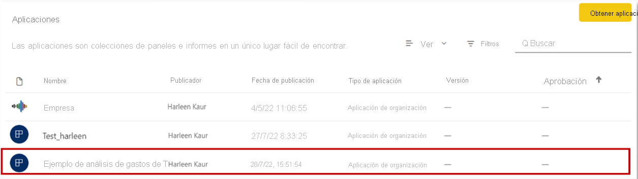 Captura de pantalla en la que se muestran las aplicaciones de Power BI con la aplicación publicada incluida.