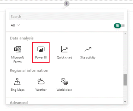 Captura de pantalla de la sección Análisis de datos en la que se muestra Power BI seleccionado.