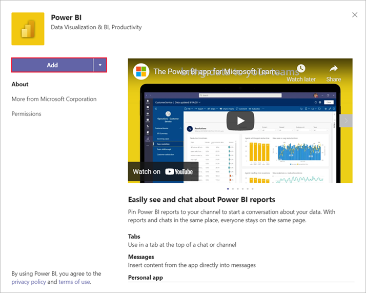 Captura de pantalla de la página de Teams en la que se muestra el icono de Power BI y el vídeo tutorial de Power BI. El botón Agregar está seleccionado.